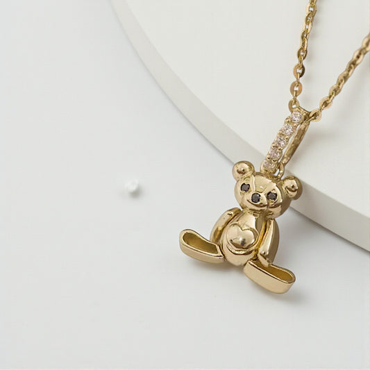 14K Real Gold Cute Teddy Bear Zircon Pendant