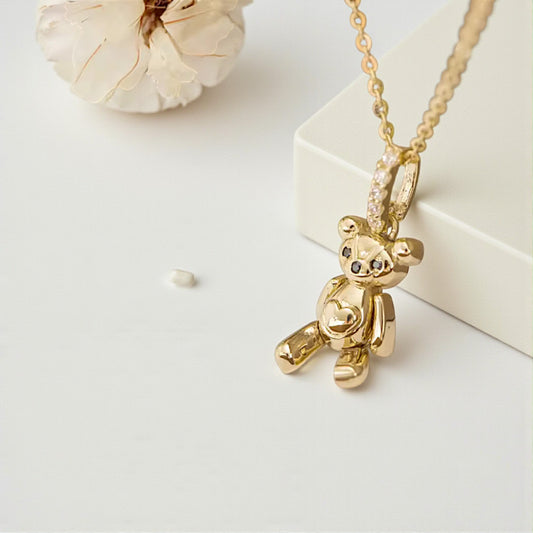 14K Real Gold Cute Teddy Bear Zircon Pendant