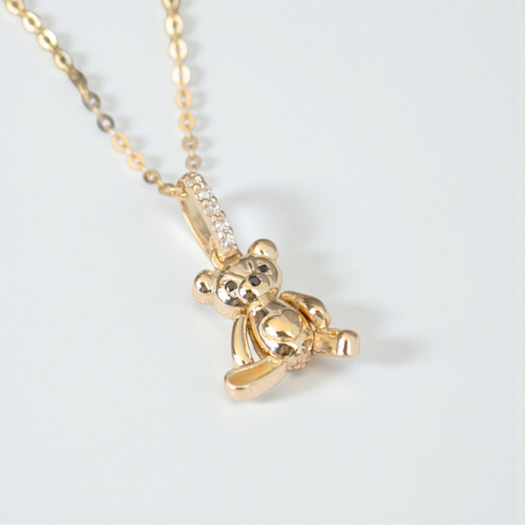 14K Real Gold Cute Teddy Bear Zircon Pendant