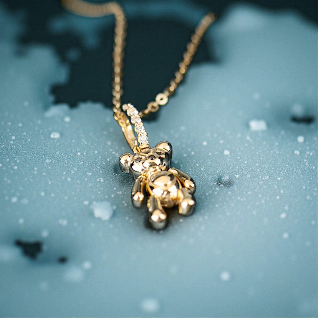 14K Real Gold Cute Teddy Bear Zircon Pendant