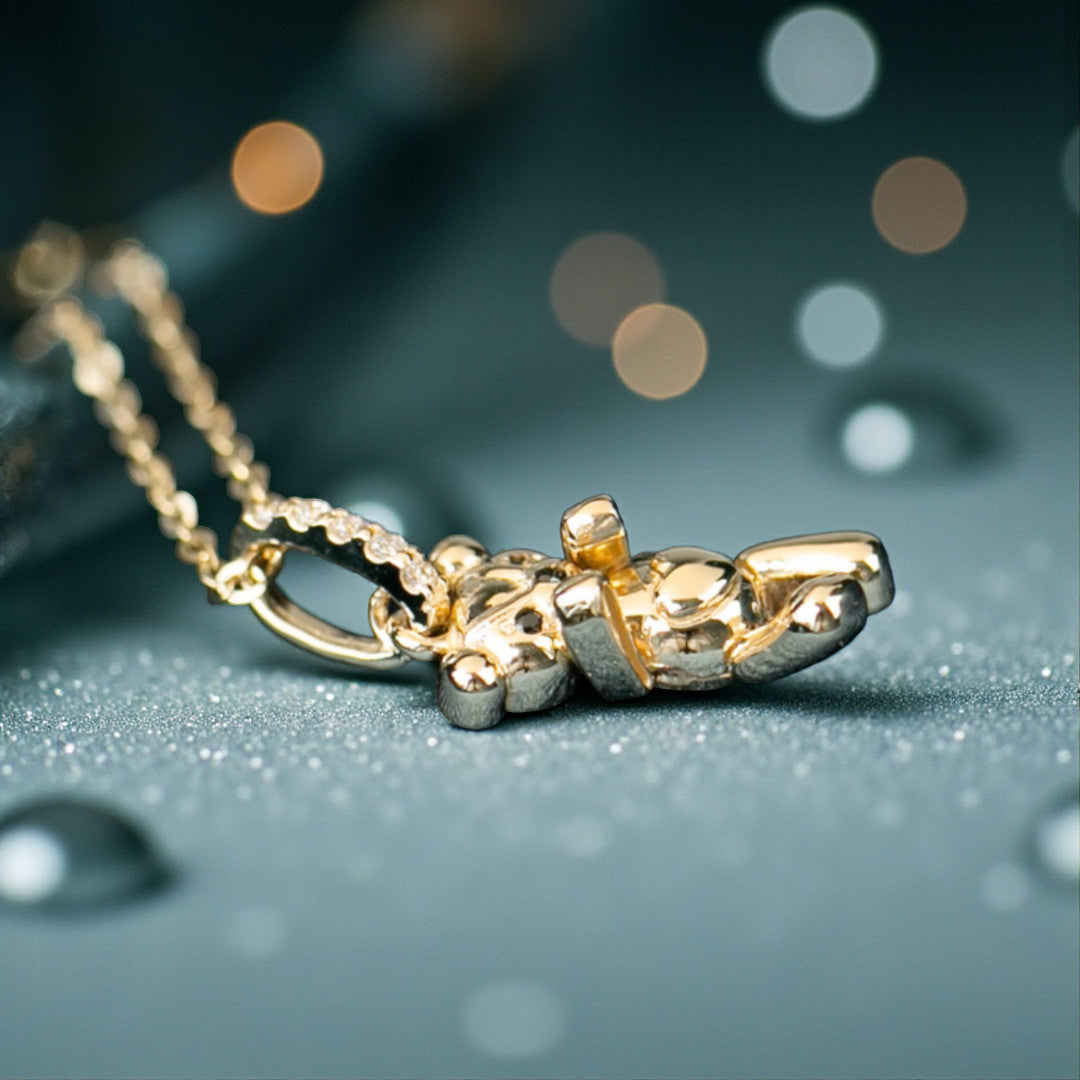 14K Real Gold Cute Teddy Bear Zircon Pendant