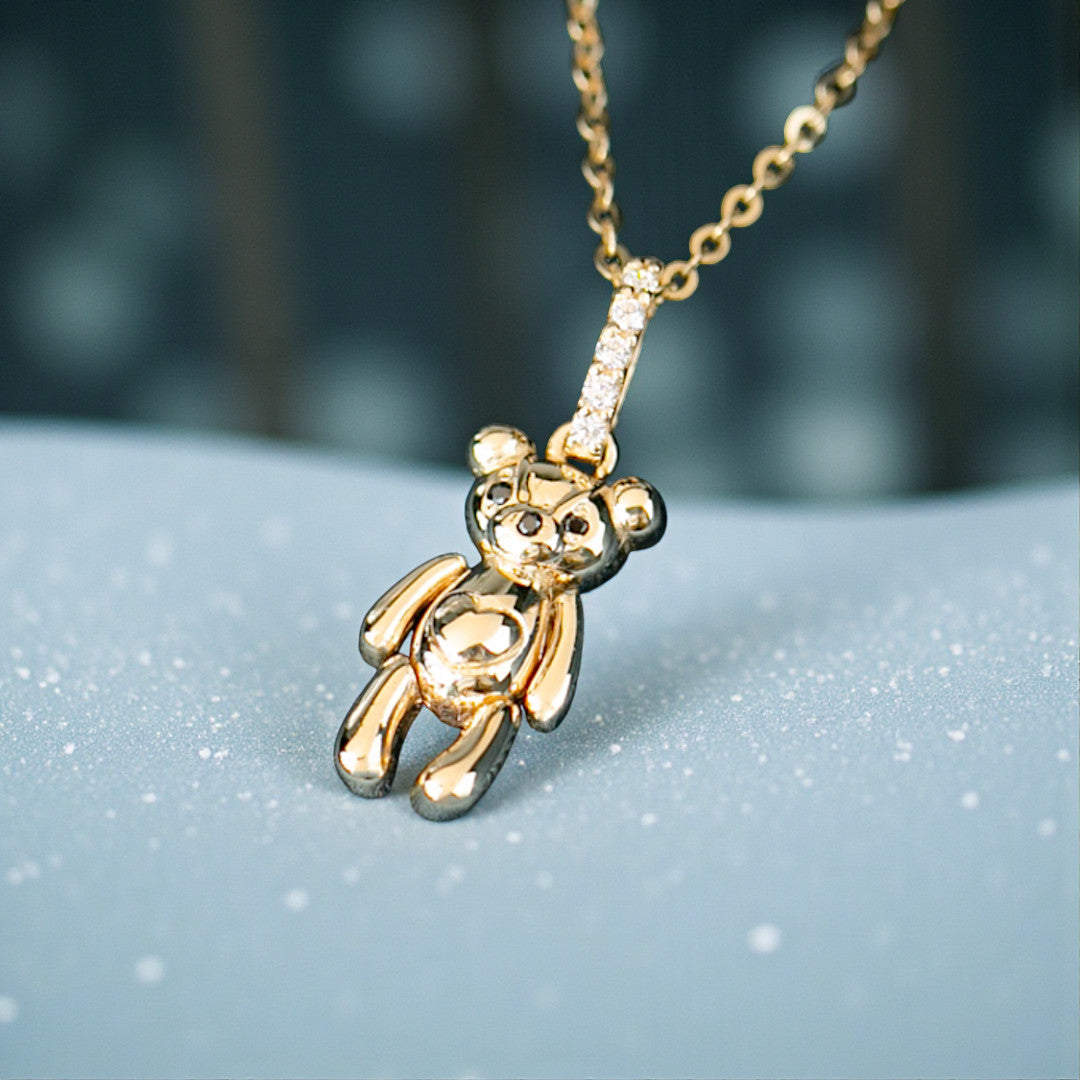 14K Real Gold Cute Teddy Bear Zircon Pendant