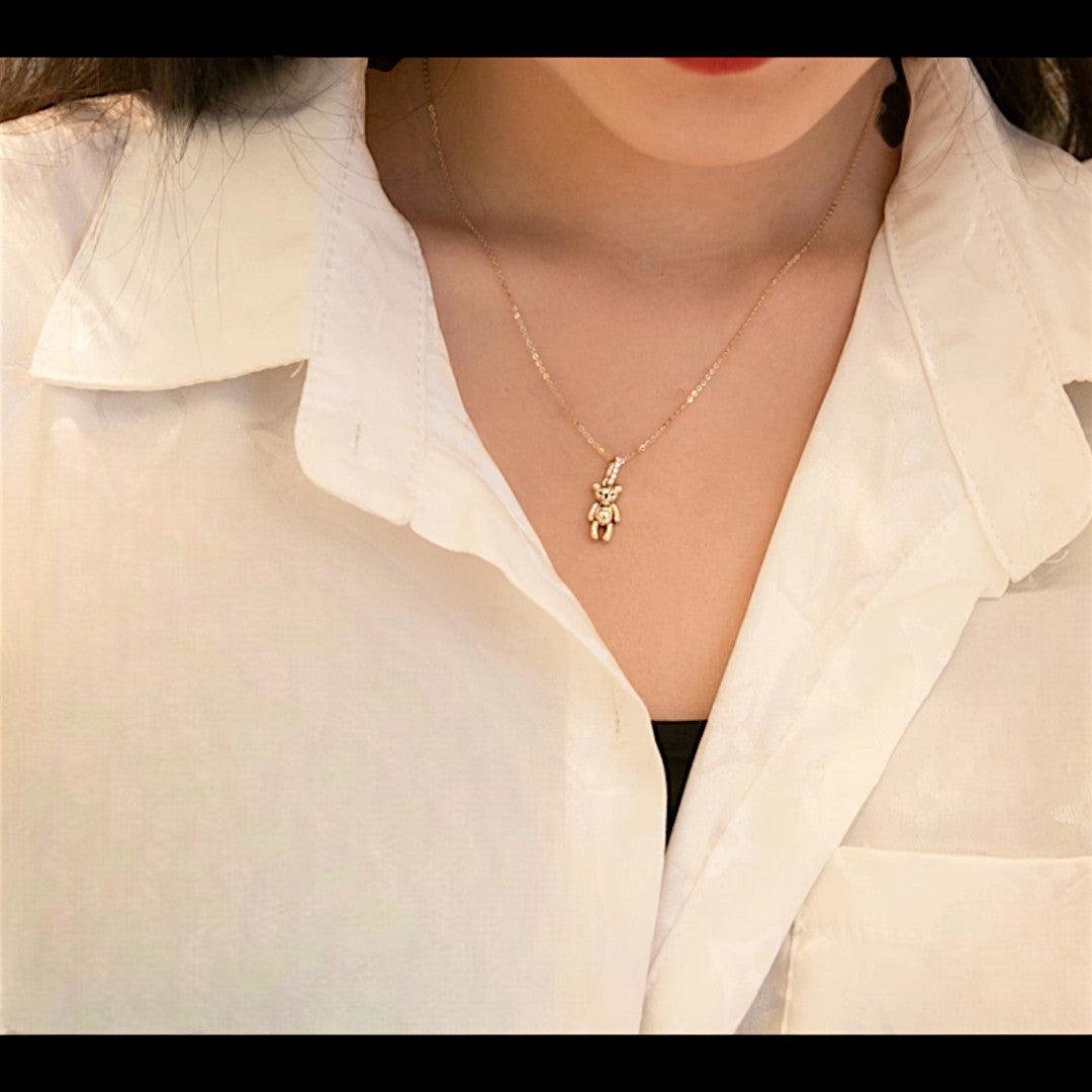14K Real Gold Cute Teddy Bear Zircon Pendant