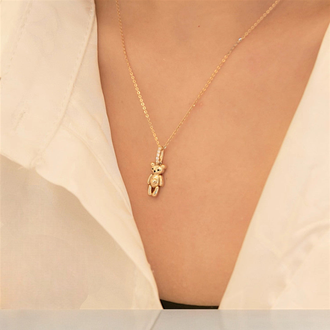 14K Real Gold Cute Teddy Bear Zircon Pendant