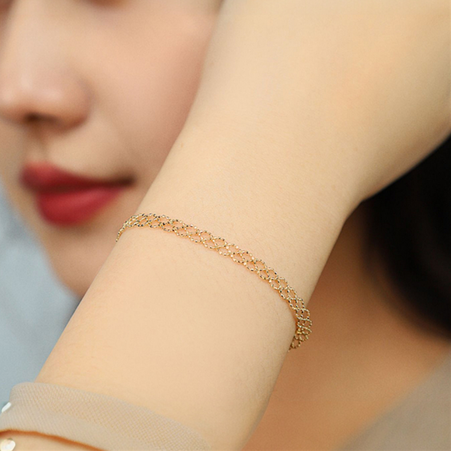 18K Real Gold Beads Lace-style Gold Ball Woven Bracelet