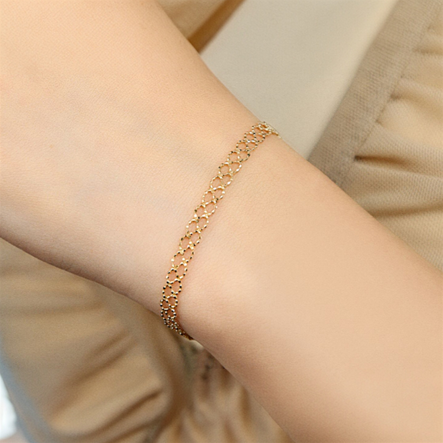 18K Real Gold Beads Lace-style Gold Ball Woven Bracelet