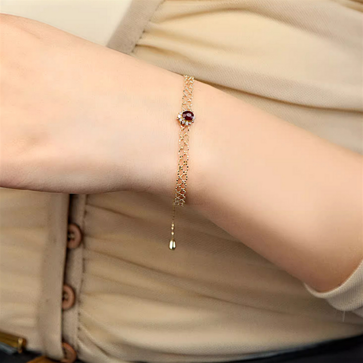 18K Real Gold Beads Lace-style Gold Ball Woven Bracelet