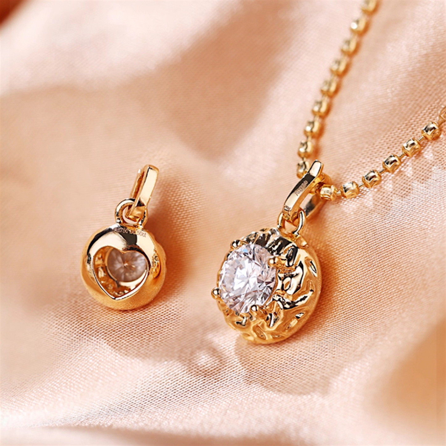 18K Gold Hammered Bubble Round Elegant Lab Diamond Pendant