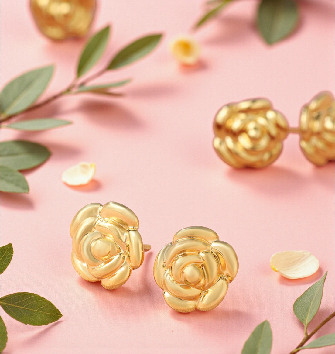 18K Gold Camellia and Rose Sweet Stud Earrings