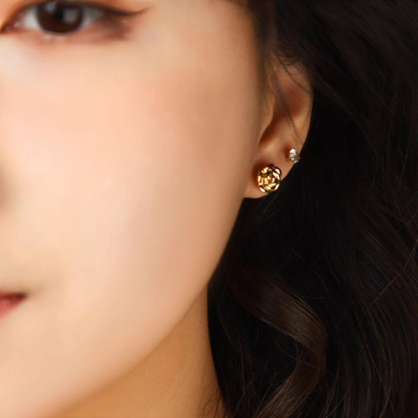 18K Gold Camellia and Rose Sweet Stud Earrings