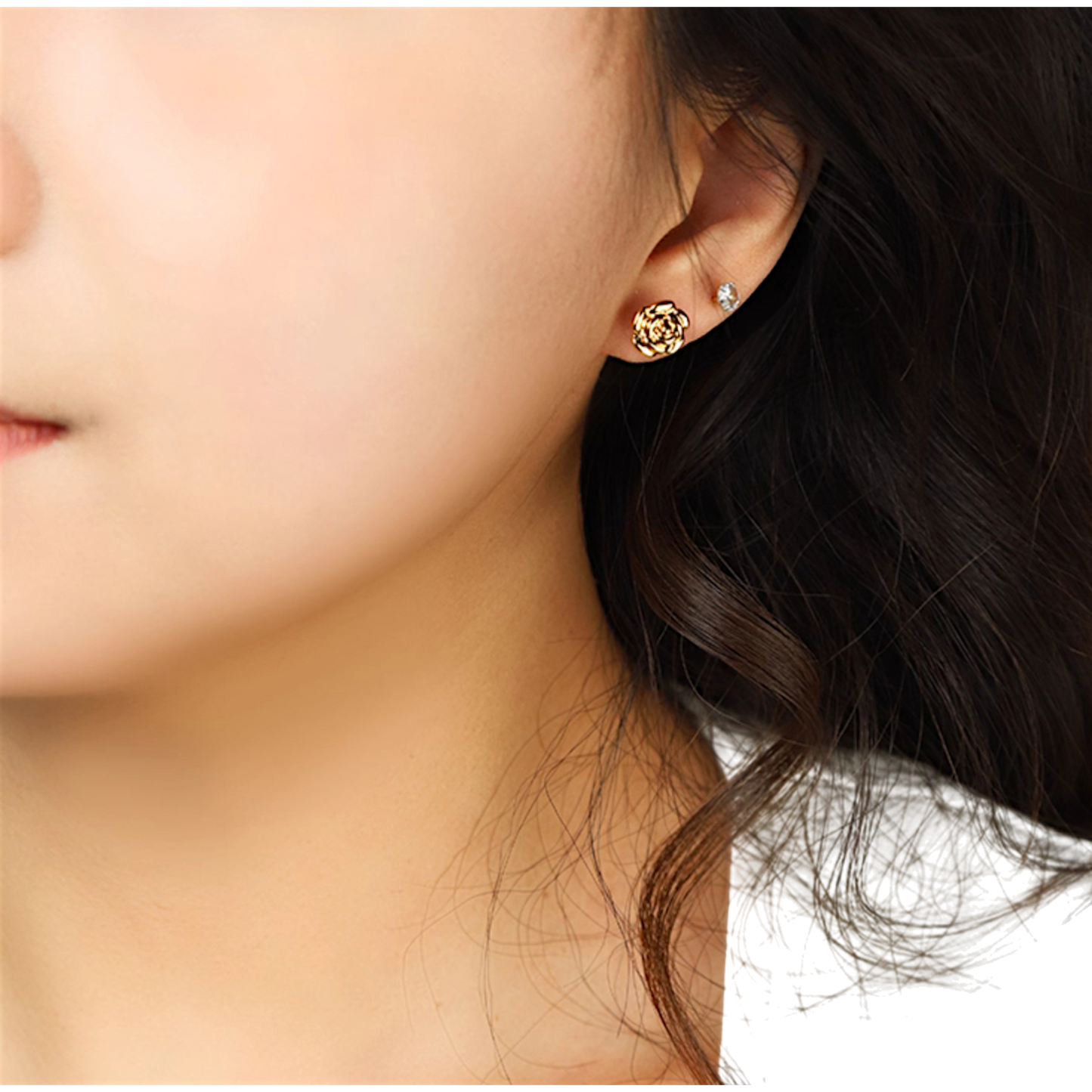 18K Gold Camellia and Rose Sweet Stud Earrings