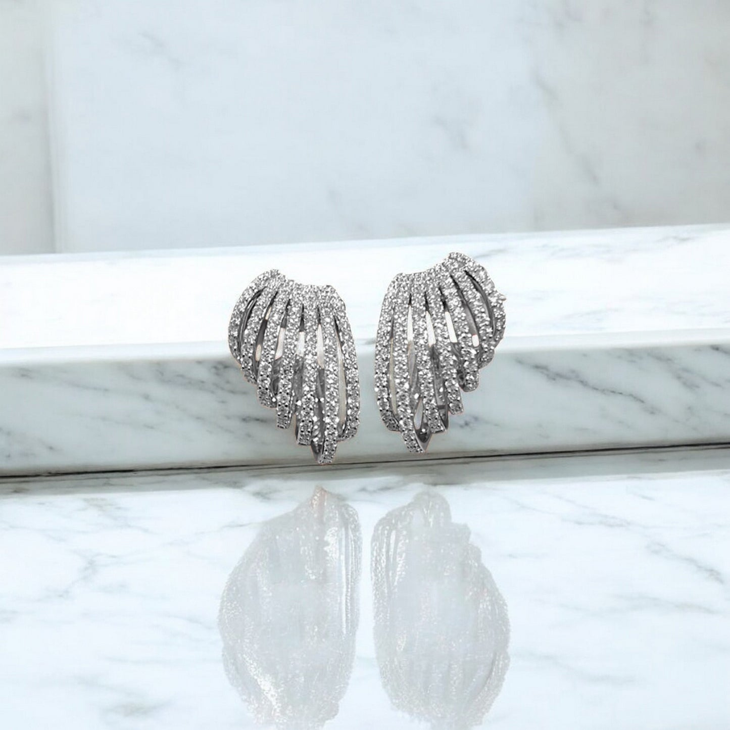 18K White Gold Diamond Striped Unique and Trendy Stud Earrings
