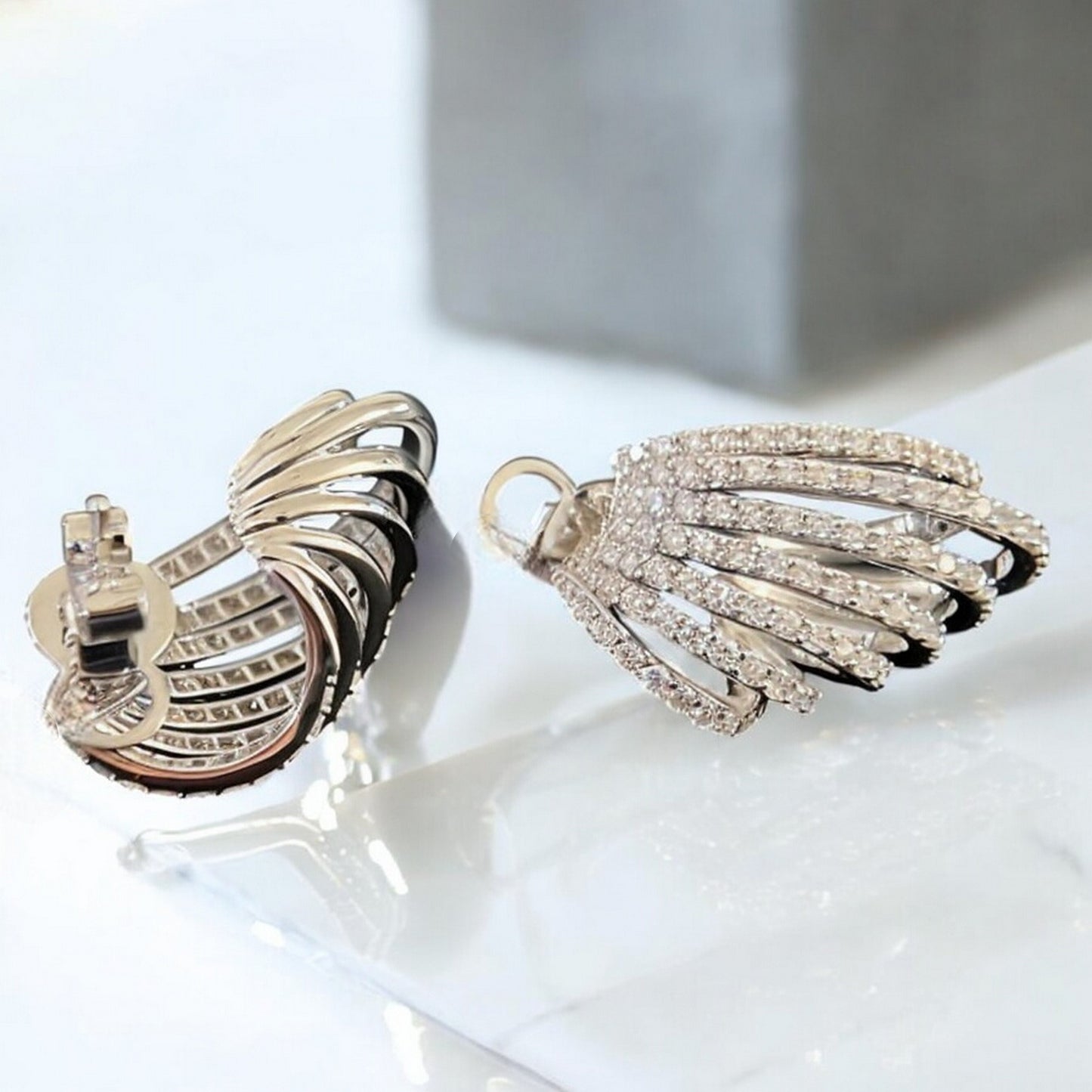 18K White Gold Diamond Striped Unique and Trendy Stud Earrings