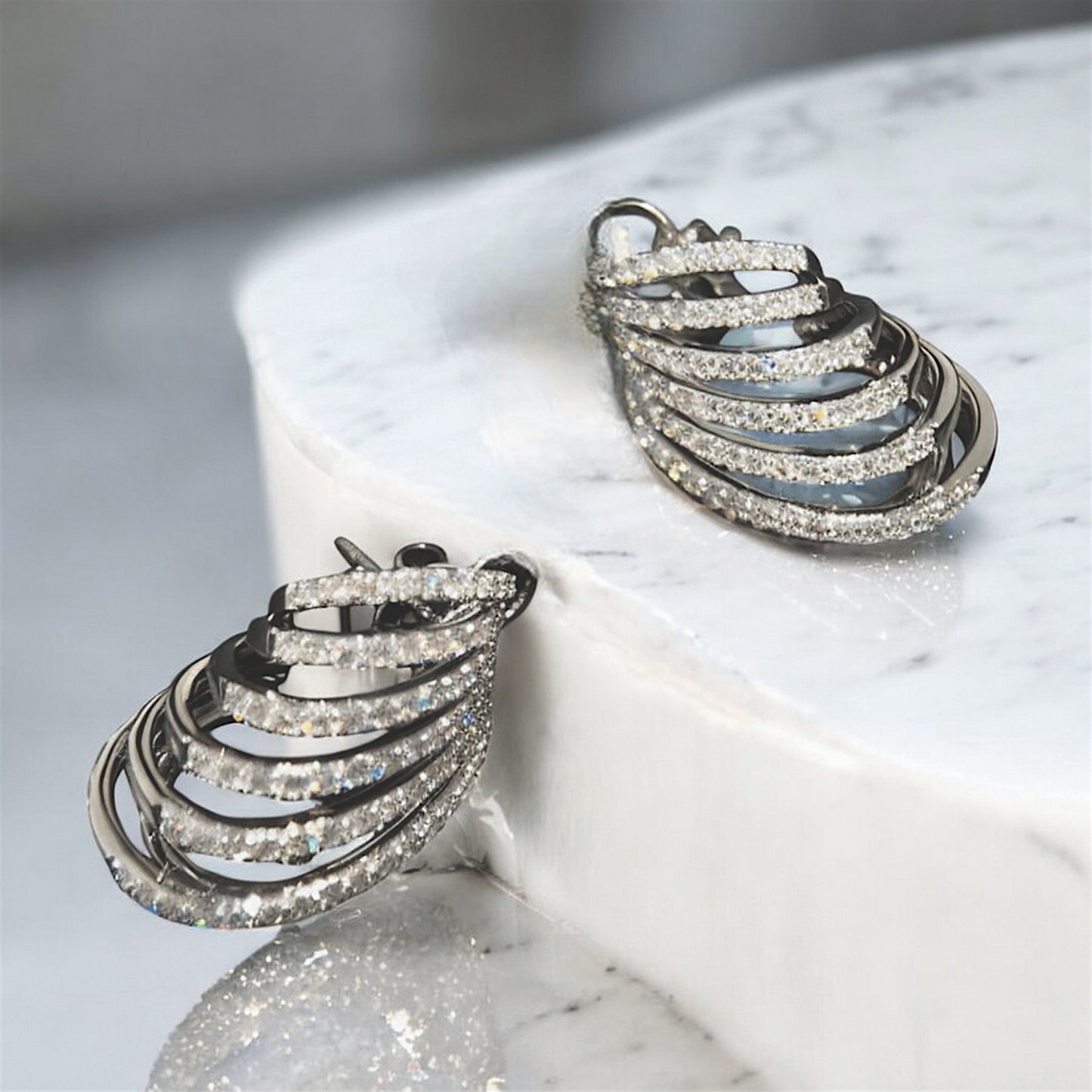 18K White Gold Diamond Striped Unique and Trendy Stud Earrings