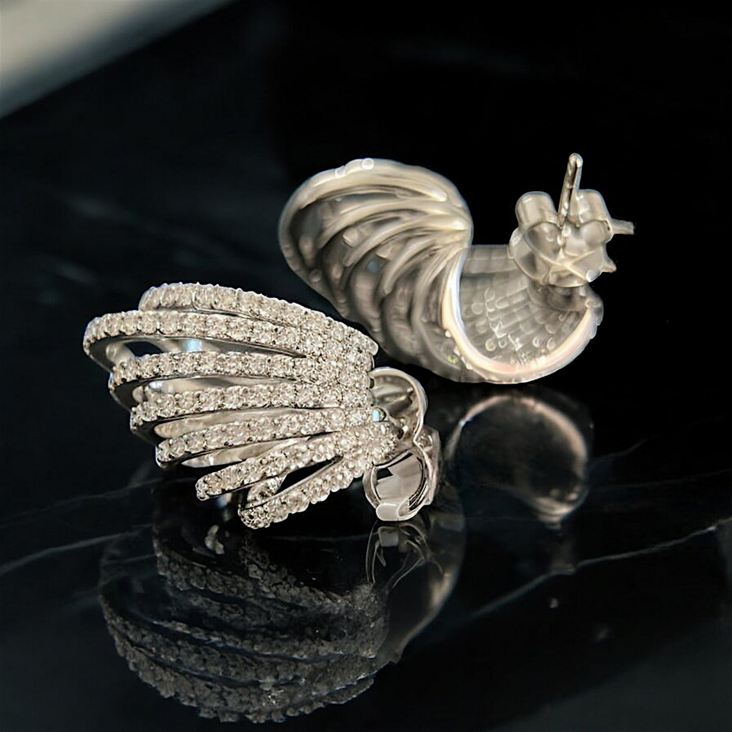 18K White Gold Diamond Striped Unique and Trendy Stud Earrings