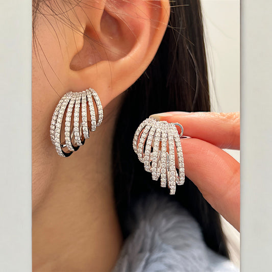 18K White Gold Diamond Striped Unique and Trendy Stud Earrings