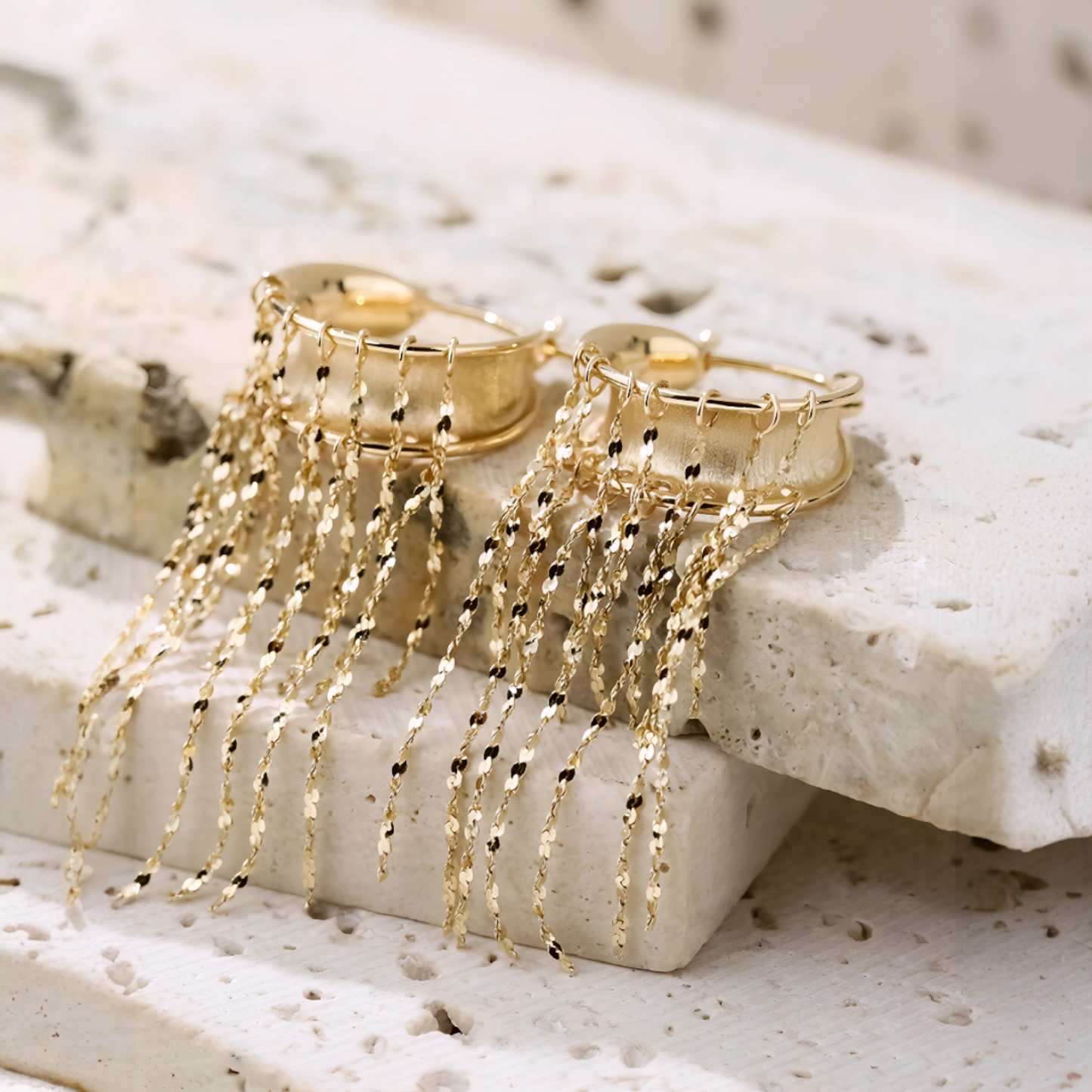 18K Gold Unique and Trendy Tassel Hoop Earrings