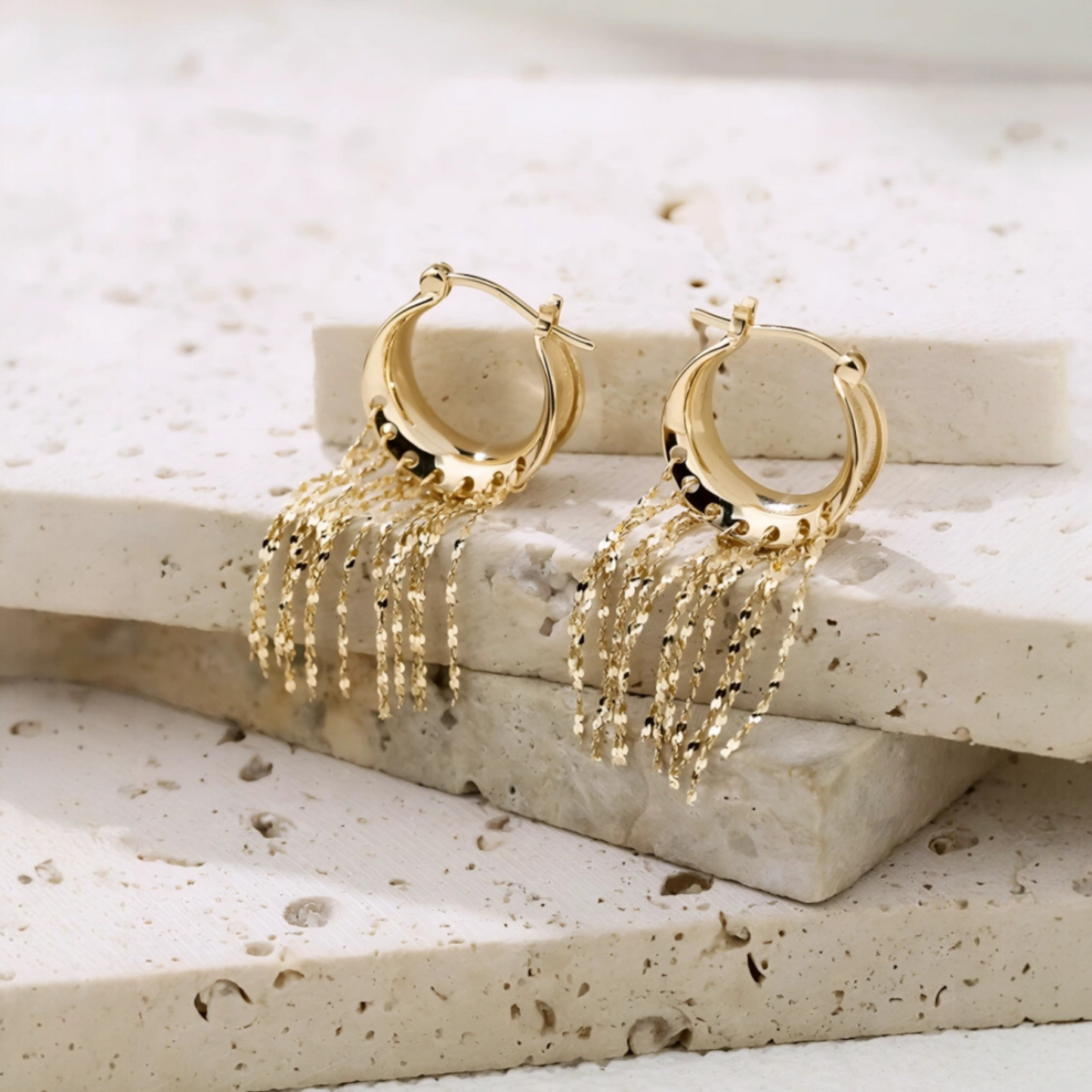 18K Gold Unique and Trendy Tassel Hoop Earrings