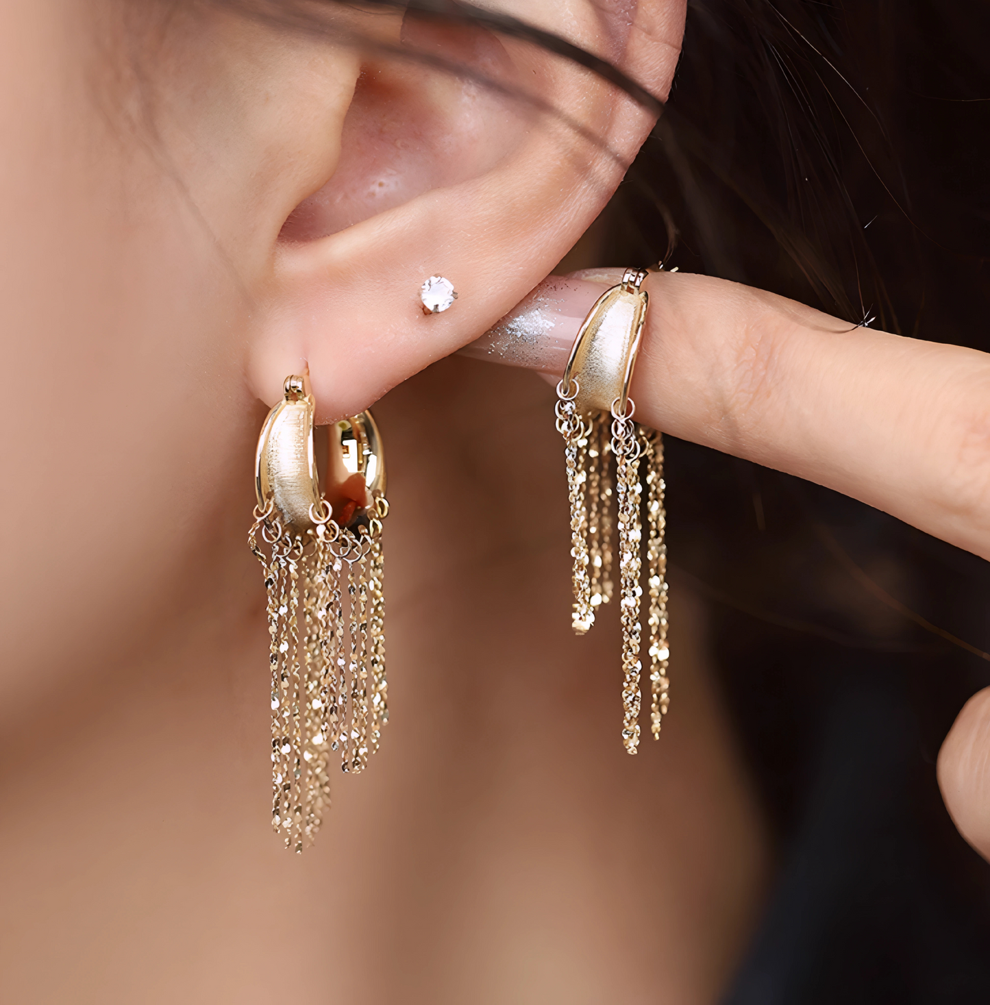 18K Gold Unique and Trendy Tassel Hoop Earrings