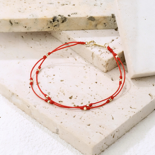 18K Real Gold Beads Gold Ball Red Rope Braided Bracelet