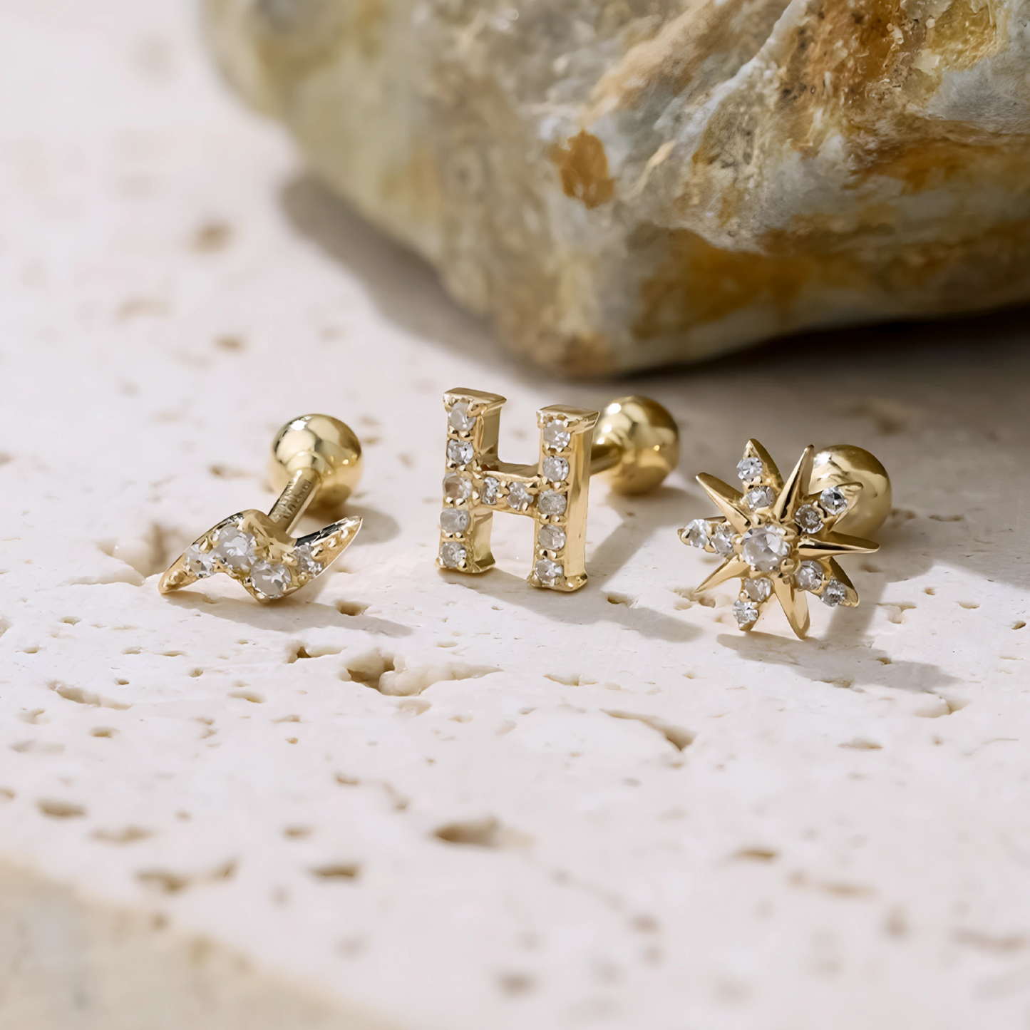 18K Gold Diamond Snowflake Lightning Casual Screw Back Earrings
