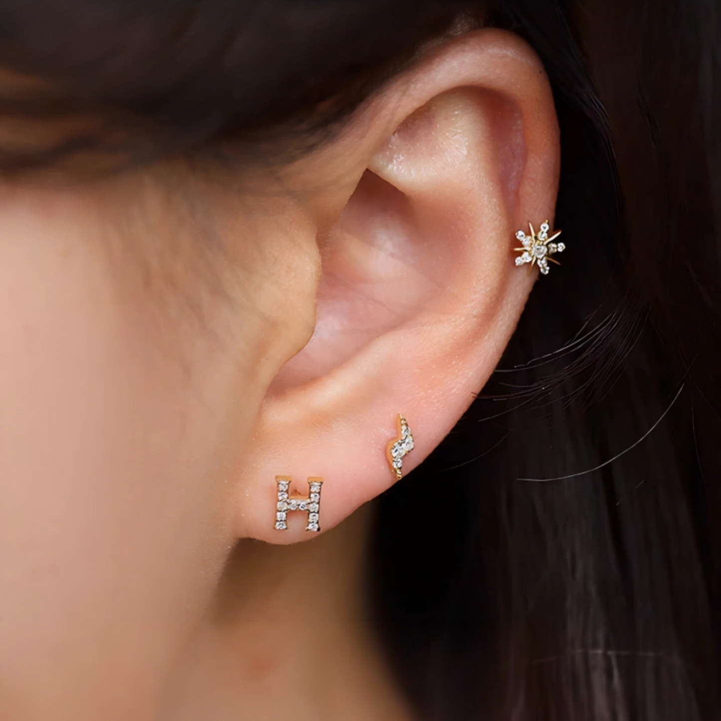 18K Gold Diamond Snowflake Lightning Casual Screw Back Earrings