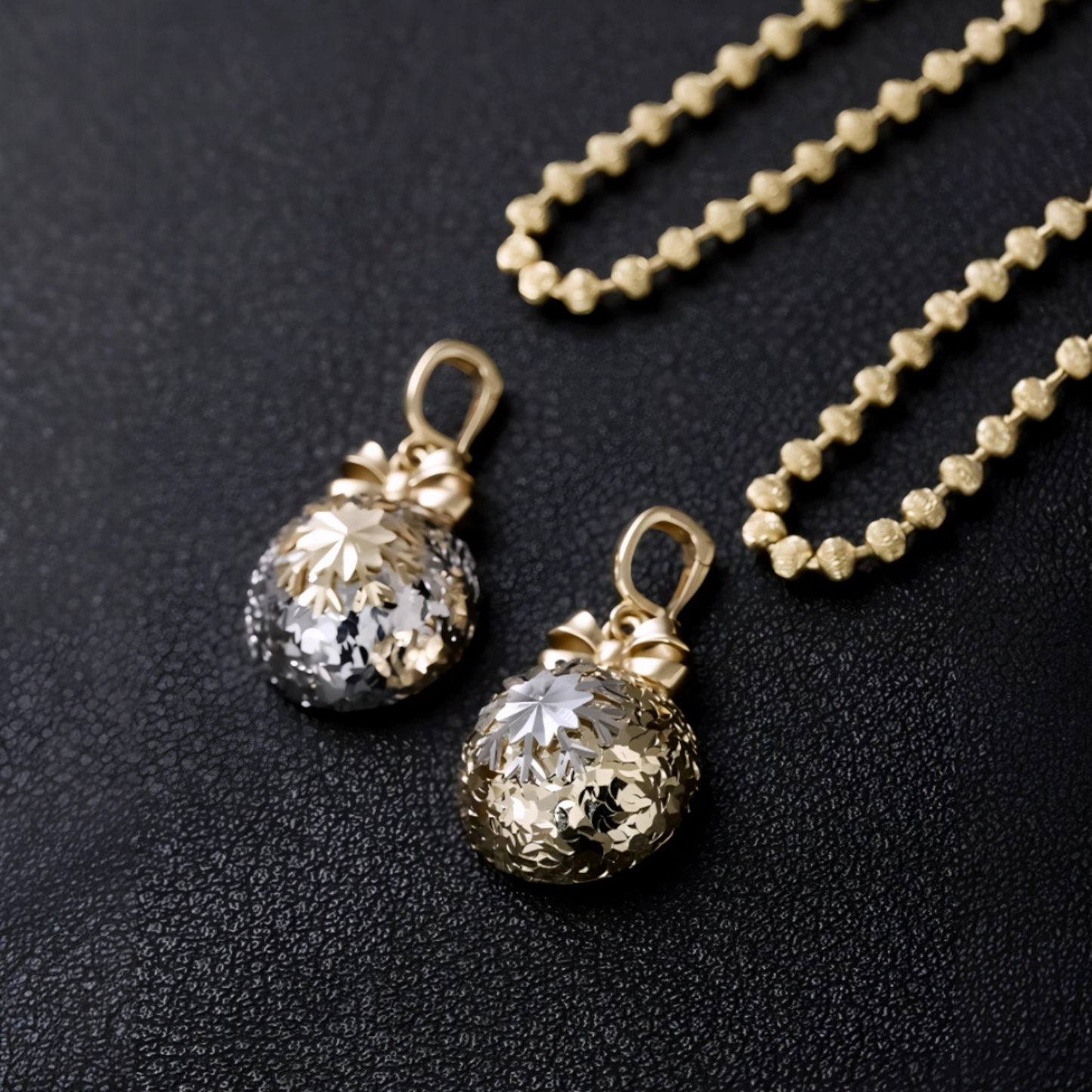 18K Gold Round Bow Bowtie Ice-Crush Snowflake Design Holiday Gift Elegant Pendant