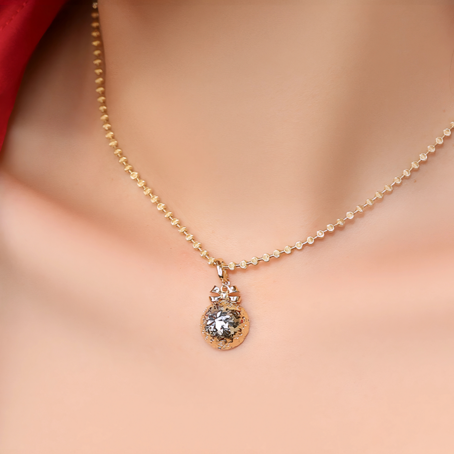 18K Gold Round Bow Bowtie Ice-Crush Snowflake Design Holiday Gift Elegant Pendant