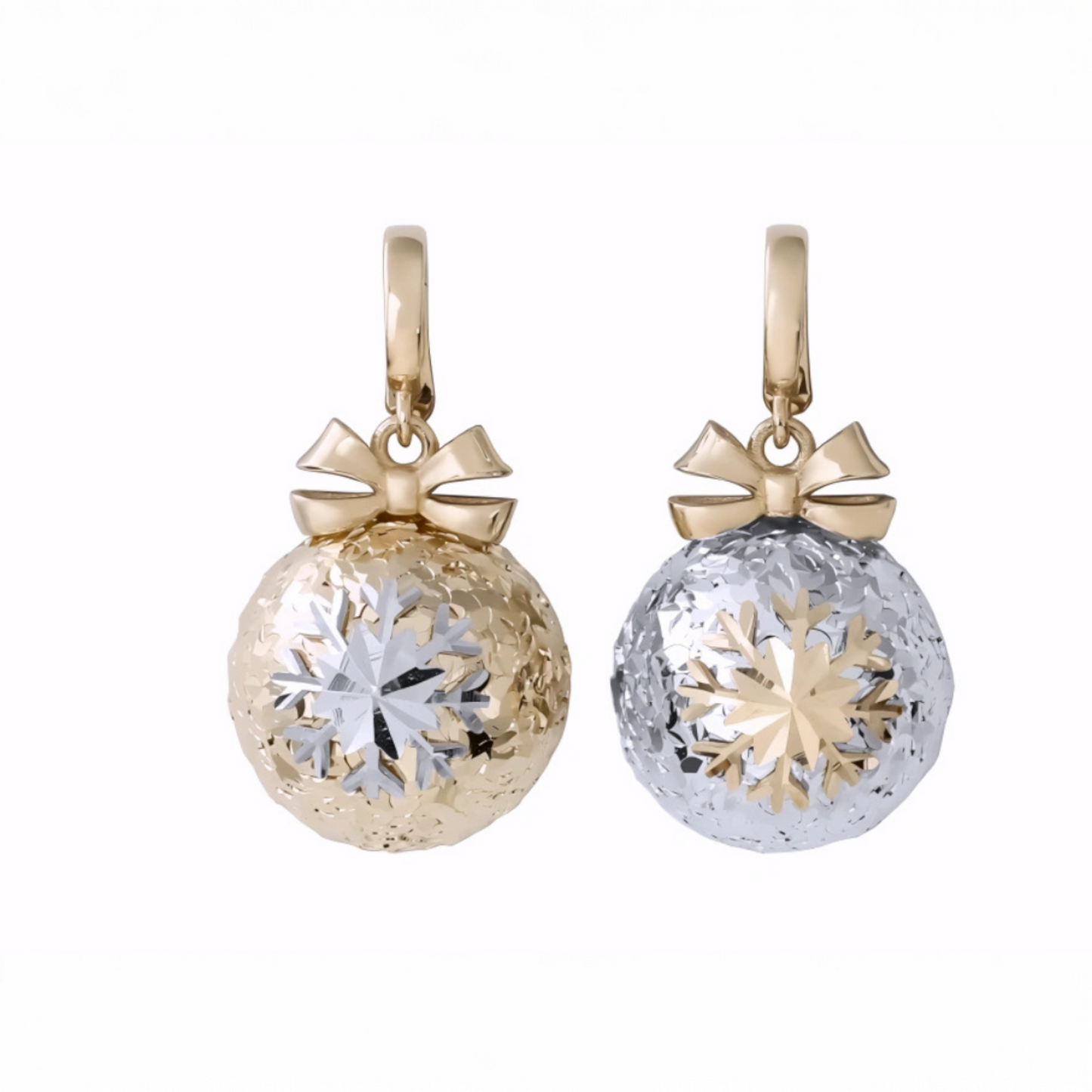 18K Gold Round Bow Bowtie Ice-Crush Snowflake Design Holiday Gift Elegant Pendant