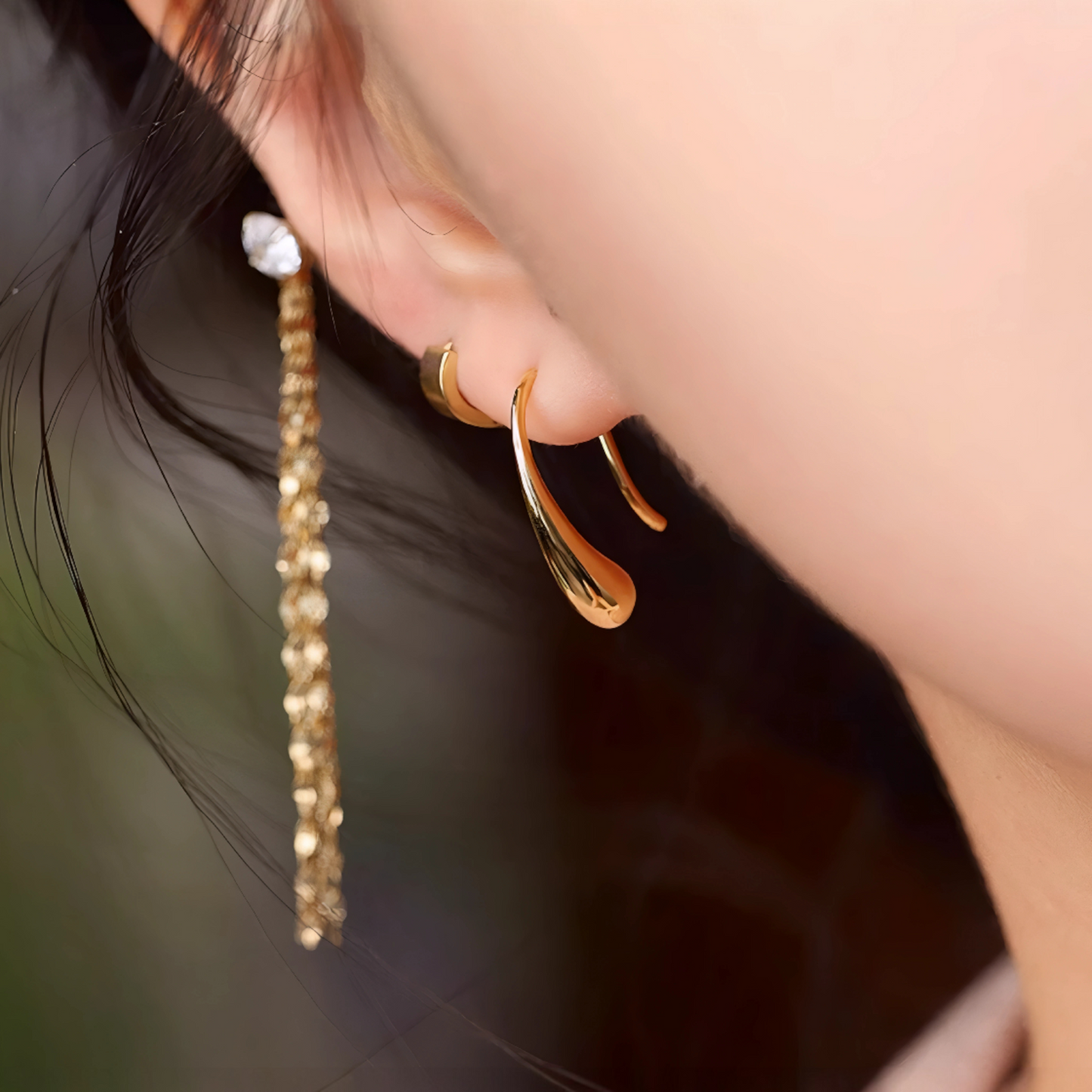 18K Gold Unique and Trendy Prince Rupert's drop Teardrop U-Shaped Hooks Earrings