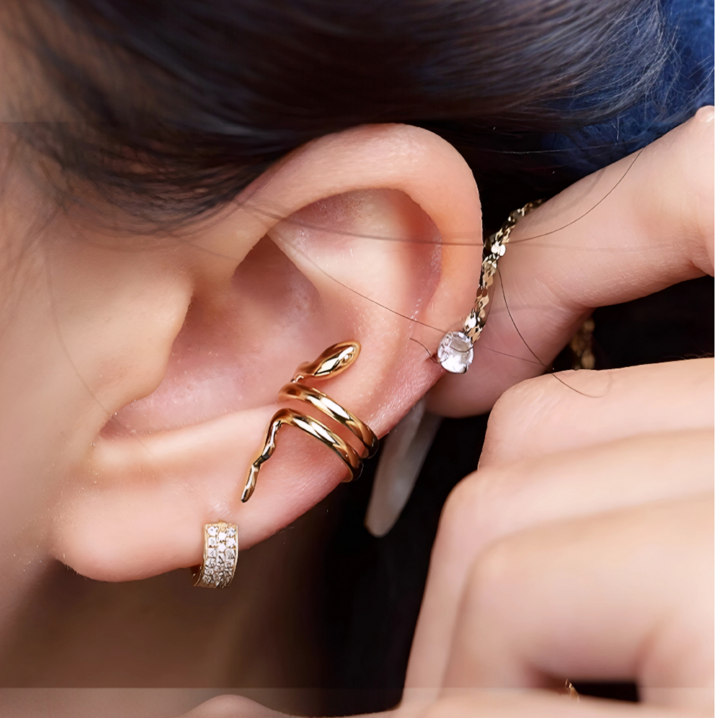 18K Gold Unique and Trendy Snake Ear Wrap Clip Earrings No Piercing