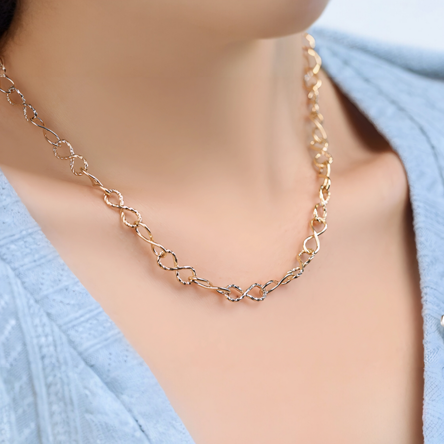 18K Real Gold Twisted Shape 8 Infinity Möbius Link Chain Bracelet and Necklace