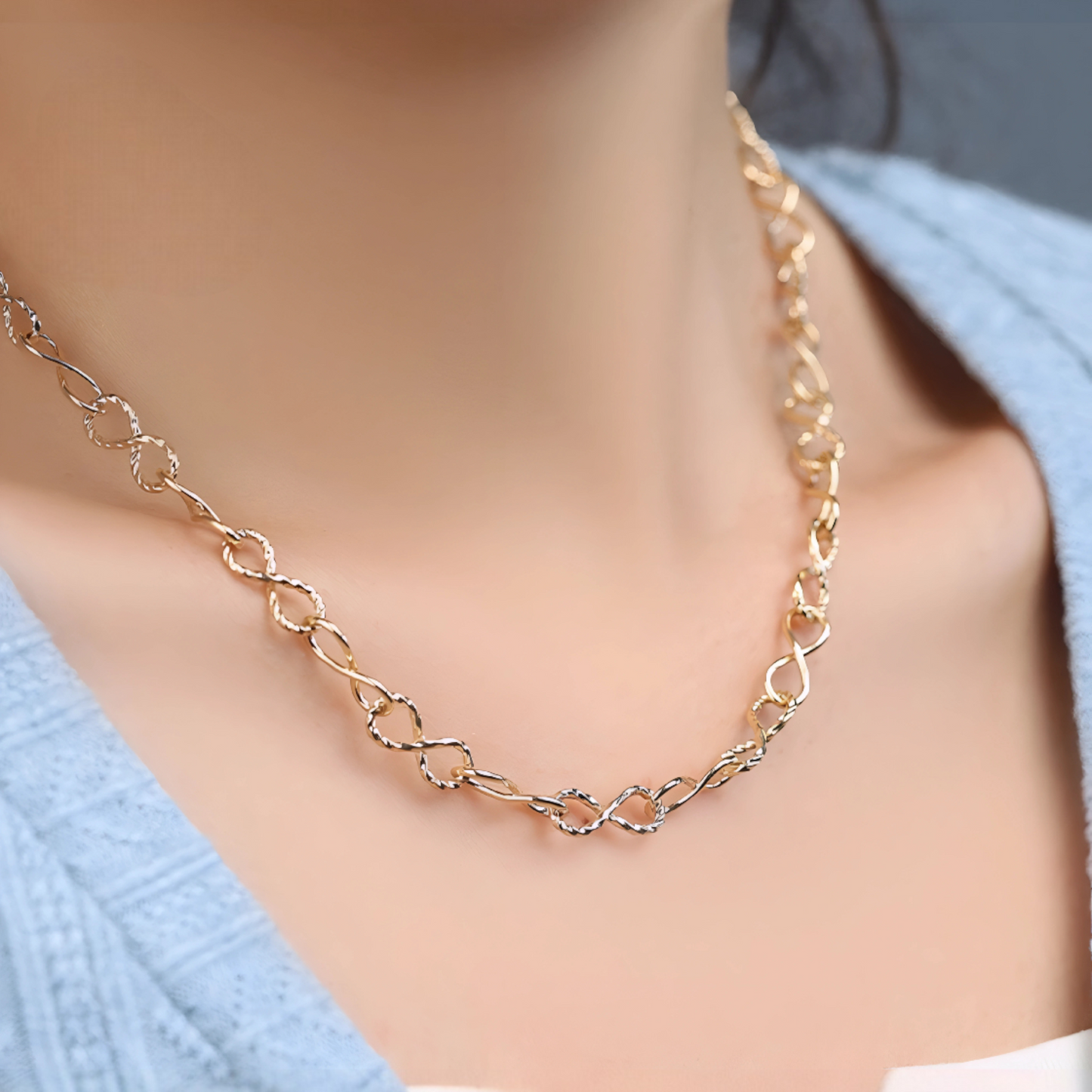 18K Real Gold Twisted Shape 8 Infinity Möbius Link Chain Bracelet and Necklace