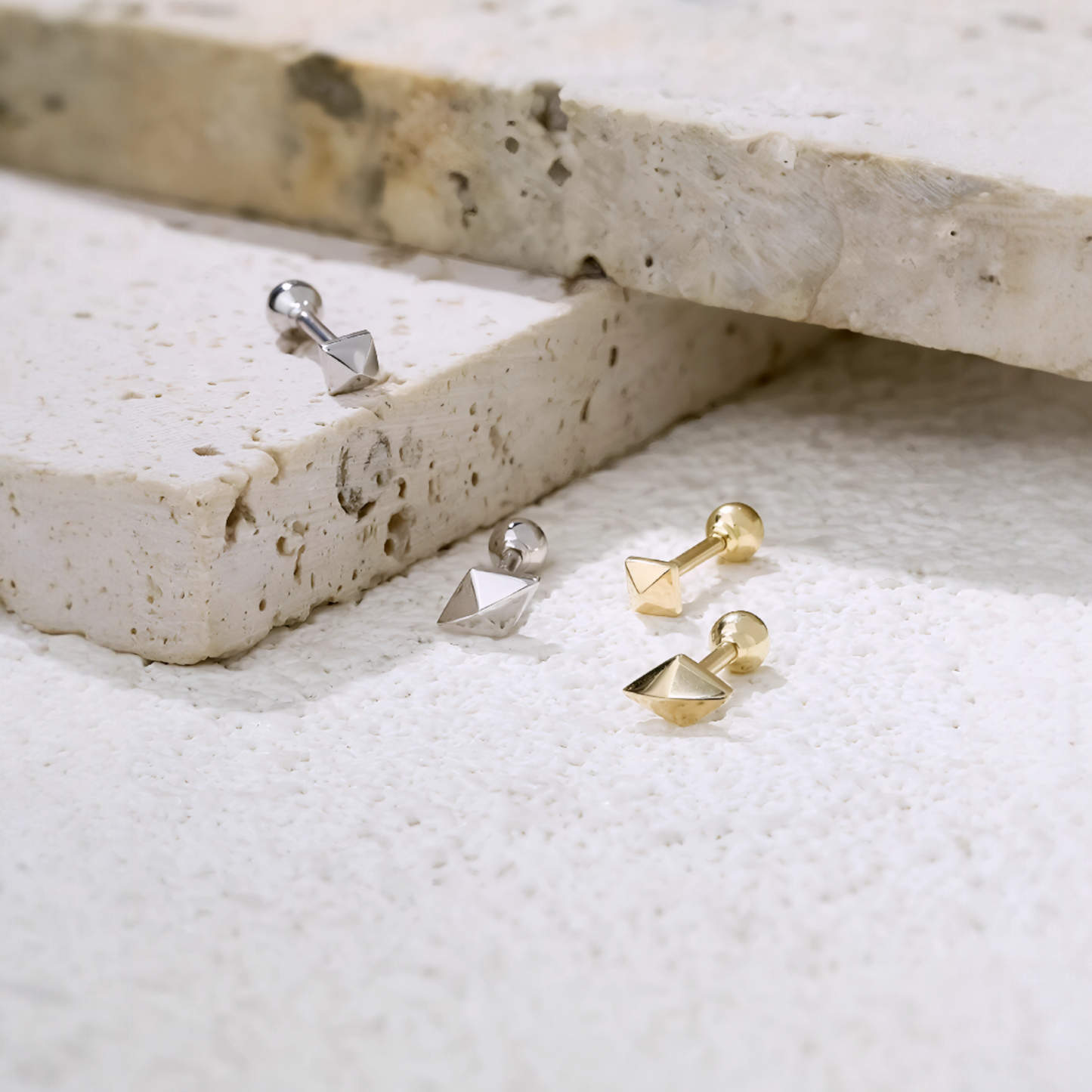 18K Gold Casual Square and Diamond-Shaped Studded Unisex Cartilage Screw Back Earrings