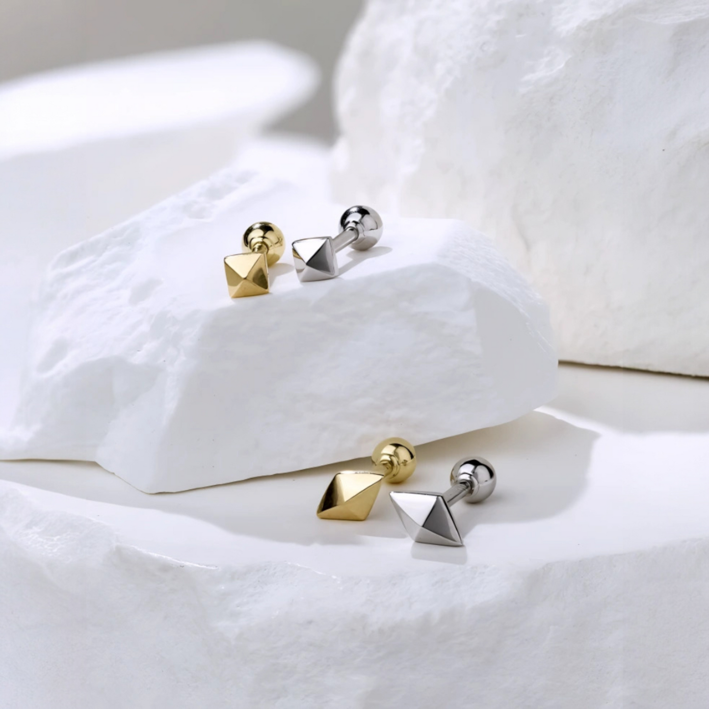 18K Gold Casual Square and Diamond-Shaped Studded Unisex Cartilage Screw Back Earrings