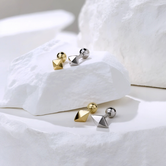 18K Gold Casual Square and Diamond-Shaped Studded Unisex Cartilage Screw Back Earrings