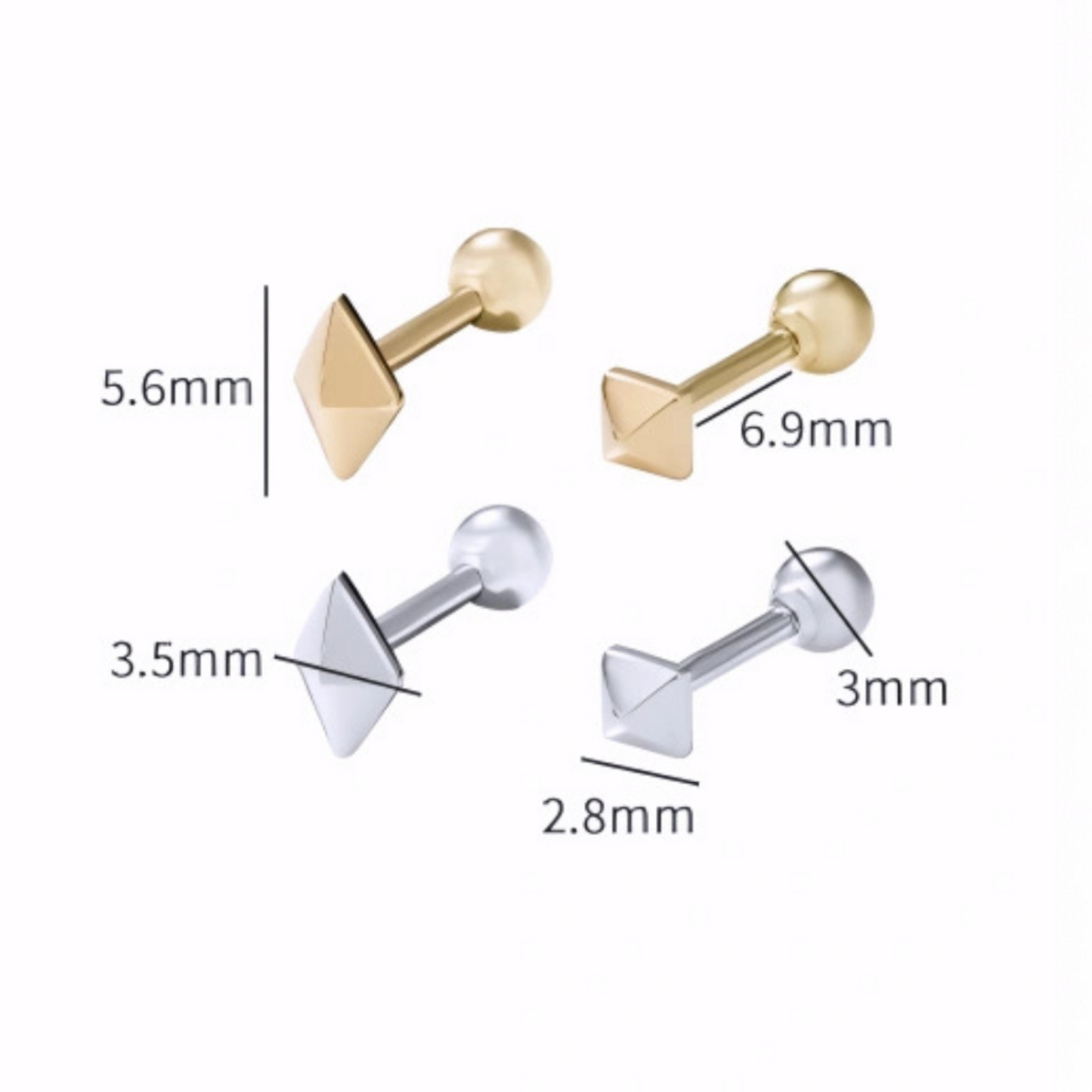 18K Gold Casual Square and Diamond-Shaped Studded Unisex Cartilage Screw Back Earrings