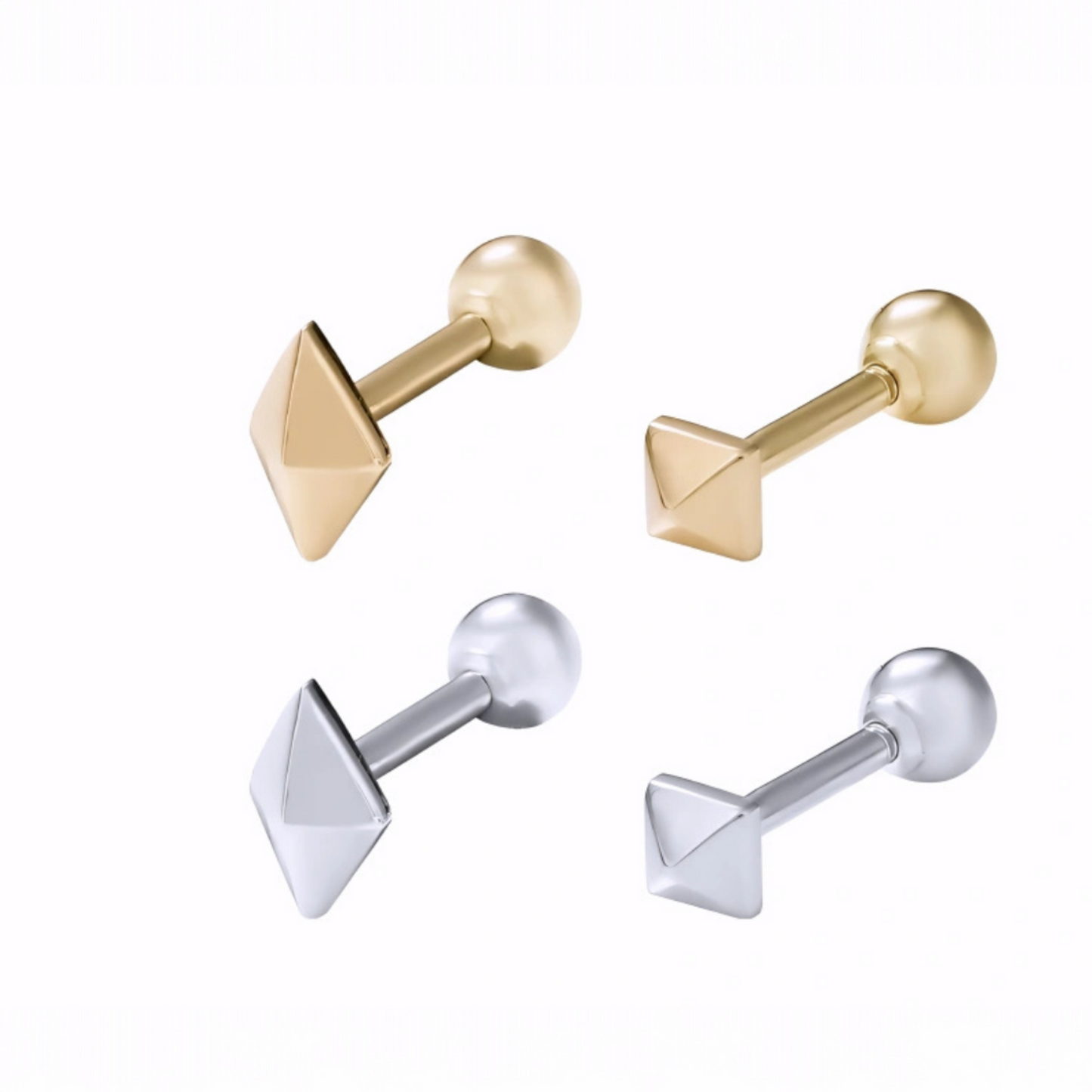18K Gold Casual Square and Diamond-Shaped Studded Unisex Cartilage Screw Back Earrings