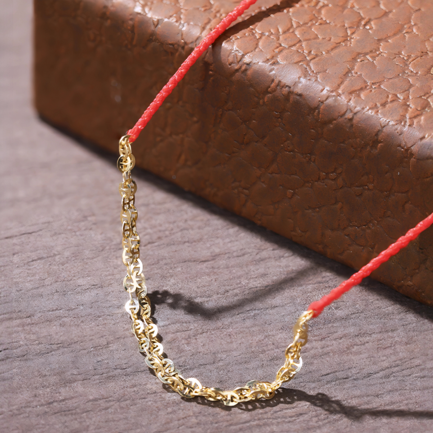 18K Real Gold Sparkling Gold Chain with Red Rope Braided Bracelet