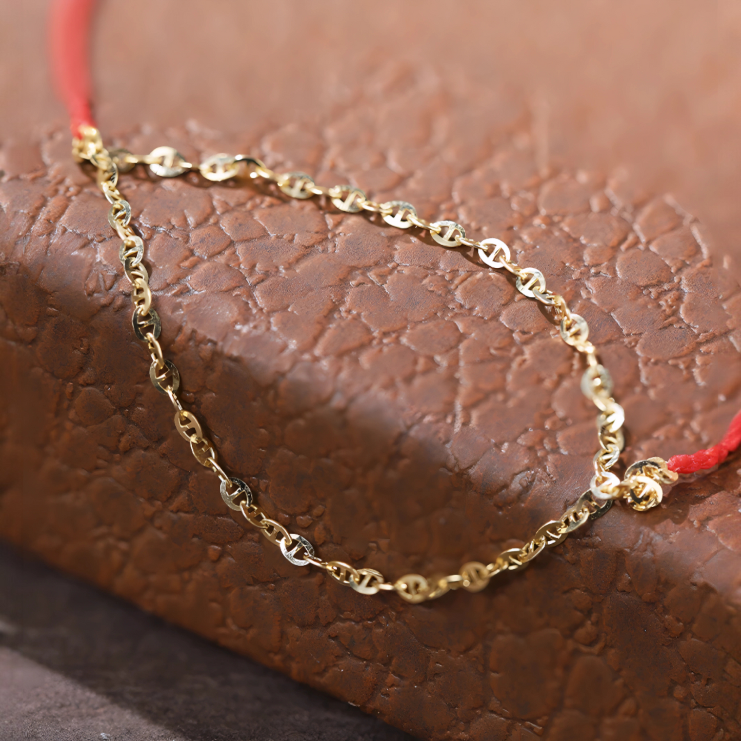 18K Real Gold Sparkling Gold Chain with Red Rope Braided Bracelet