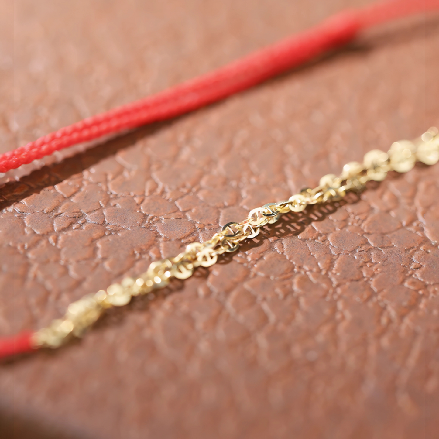 18K Real Gold Sparkling Gold Chain with Red Rope Braided Bracelet