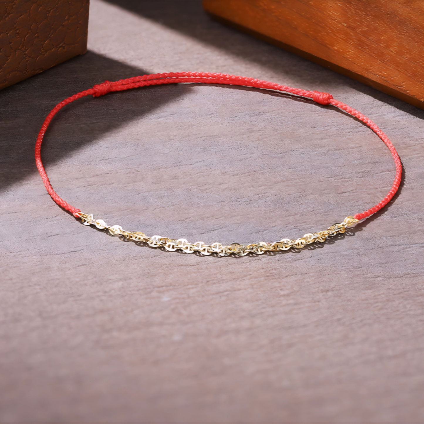 18K Real Gold Sparkling Gold Chain with Red Rope Braided Bracelet