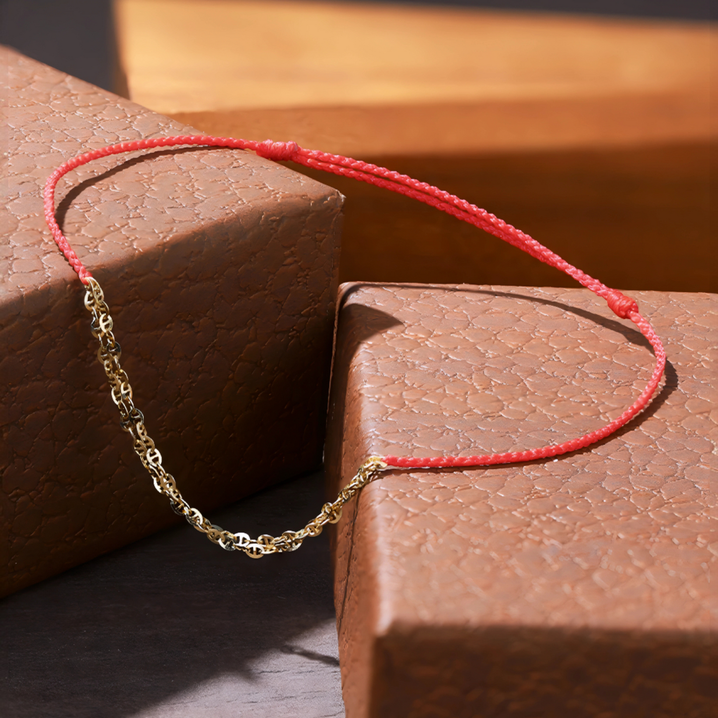 18K Real Gold Sparkling Gold Chain with Red Rope Braided Bracelet