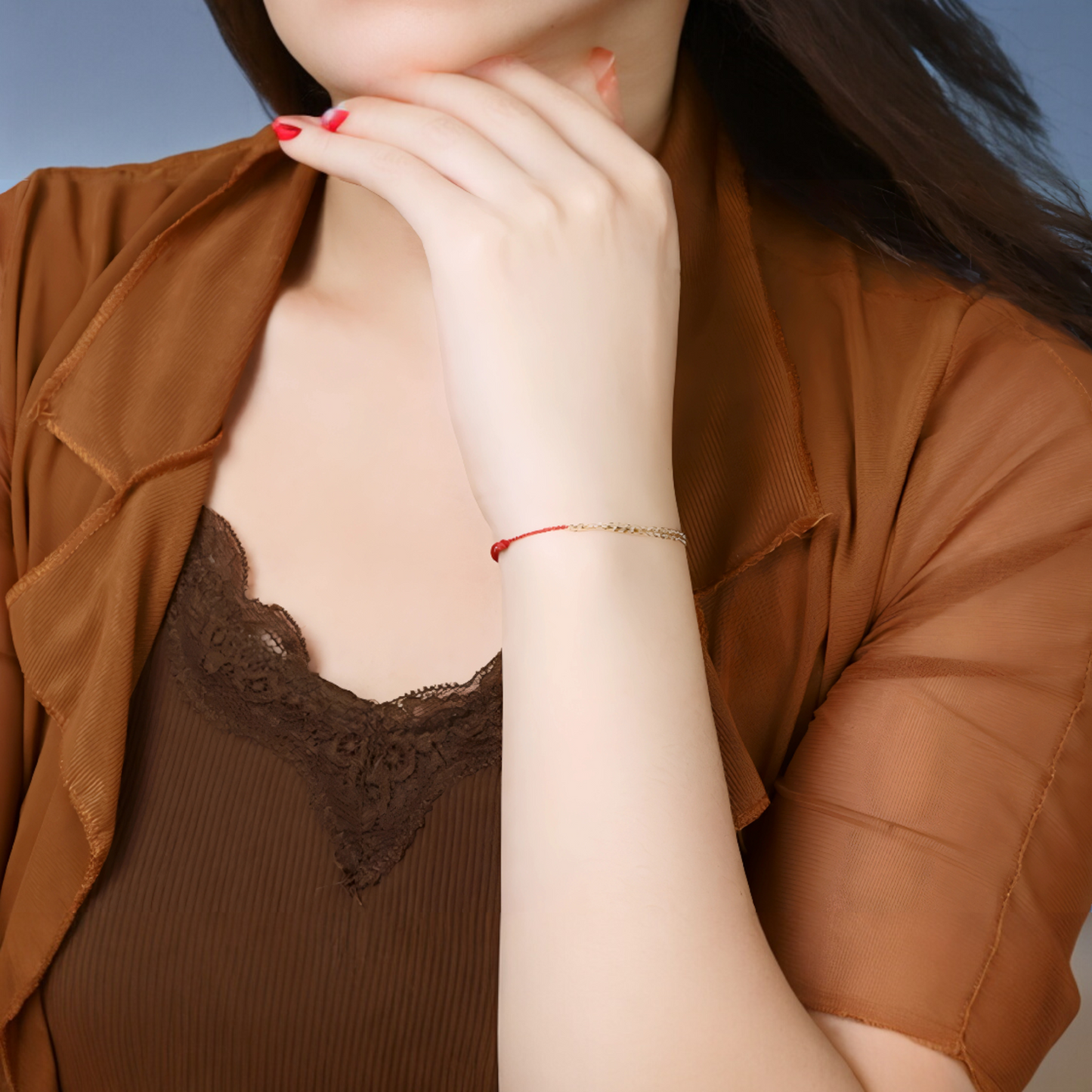 18K Real Gold Sparkling Gold Chain with Red Rope Braided Bracelet