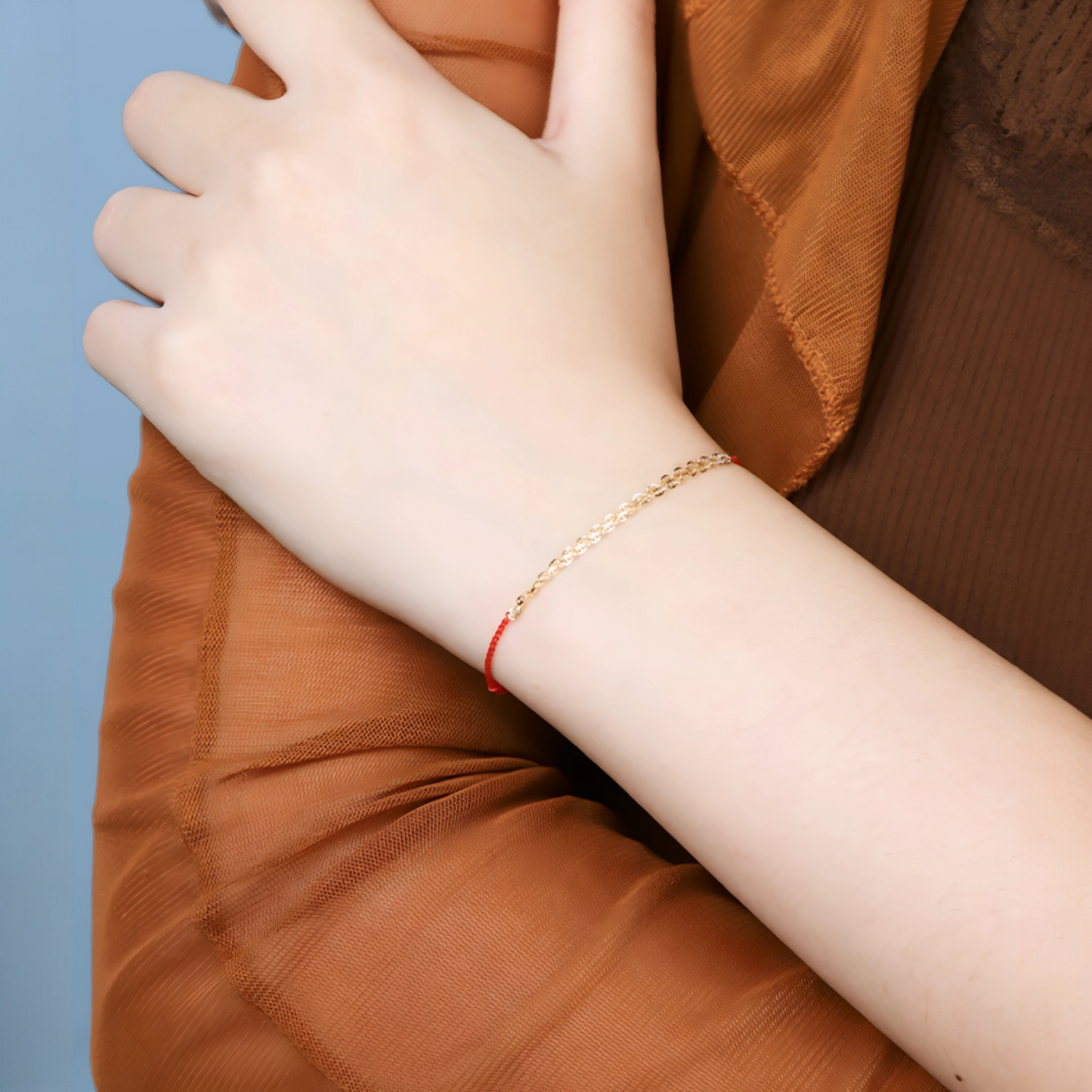 18K Real Gold Sparkling Gold Chain with Red Rope Braided Bracelet