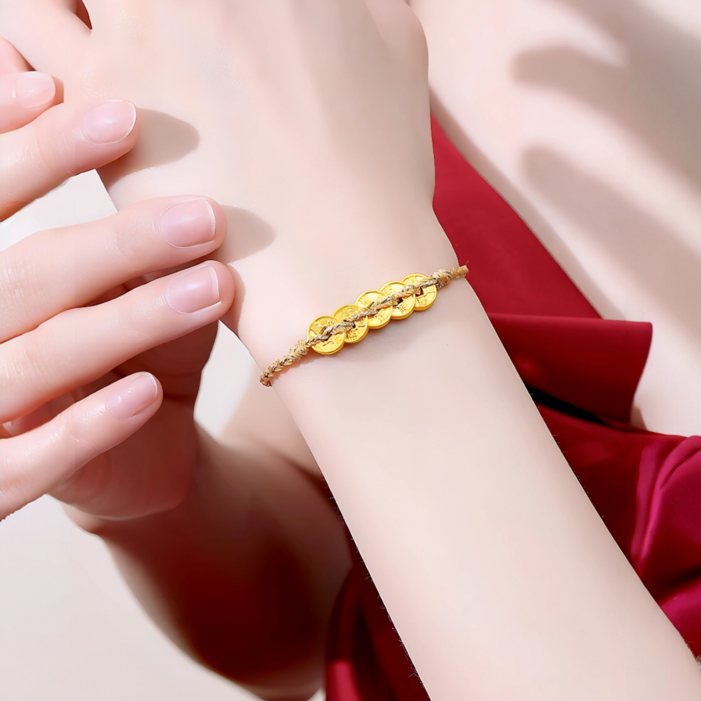 24K 999 Gold Five Emperor Coins with Red Rope Braided String Bracelet