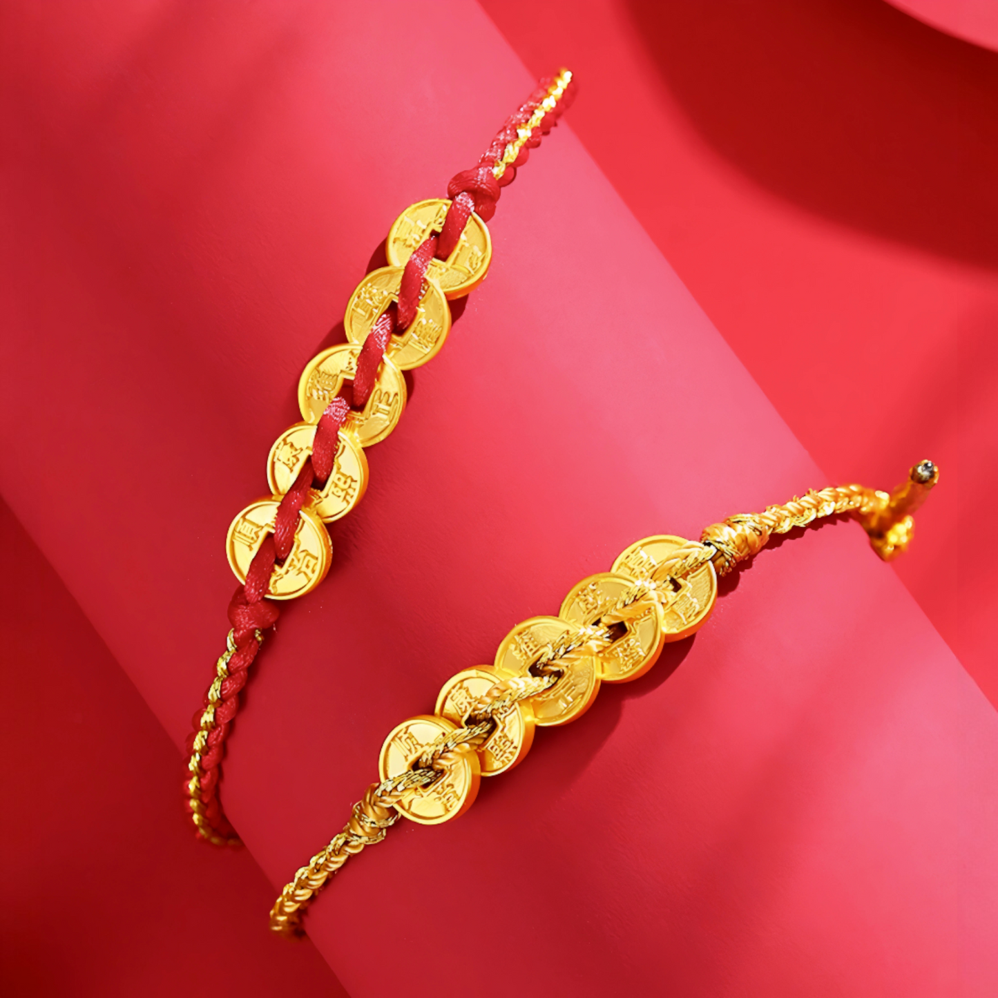 24K 999 Gold Five Emperor Coins with Red Rope Braided String Bracelet