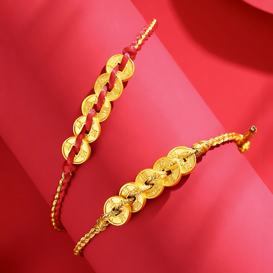 24K 999 Gold Five Emperor Coins with Red Rope Braided String Bracelet