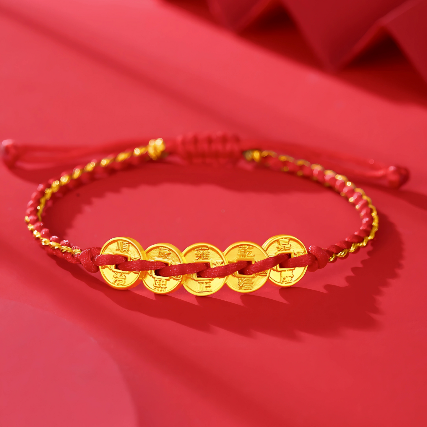 24K 999 Gold Five Emperor Coins with Red Rope Braided String Bracelet