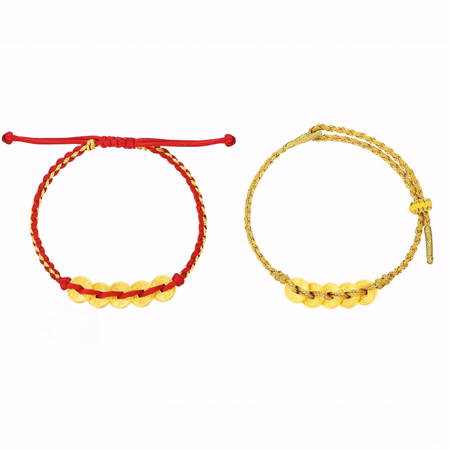 24K 999 Gold Five Emperor Coins with Red Rope Braided String Bracelet